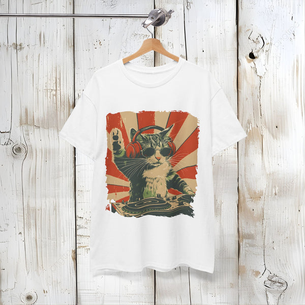 Vintage DJ Cat Tee, Unisex Heavy Cotton Tee, Cool Cat Shirt, Pet Lover Gift, Fun Music T-Shirt, Cat DJ Design, Retro Style Clothing Front view