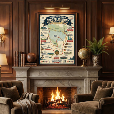 Vintage 2026 North America Soccer Tournament Schedule Poster - 16 Host Cities Map Wall Art Print