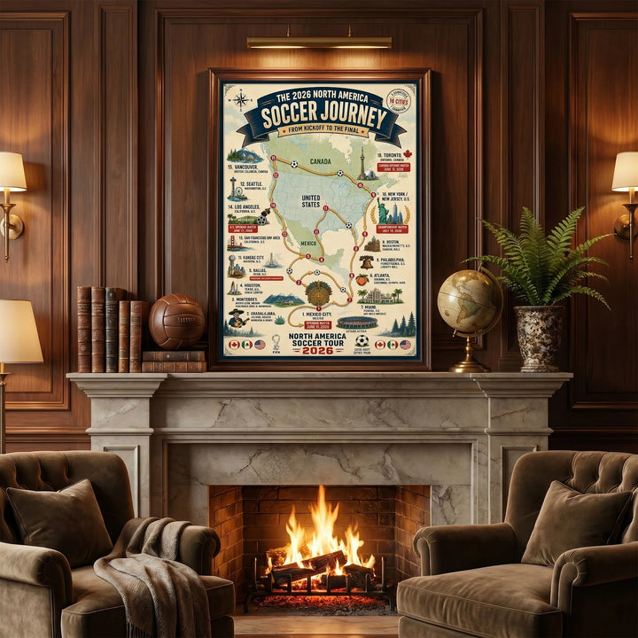 Vintage 2026 North America Soccer Tournament Schedule Poster - 16 Host Cities Map Wall Art Print