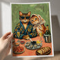 Whimsical Cat Couple Dinner Poster - Vintage Animal Portrait with Champagne & Oysters