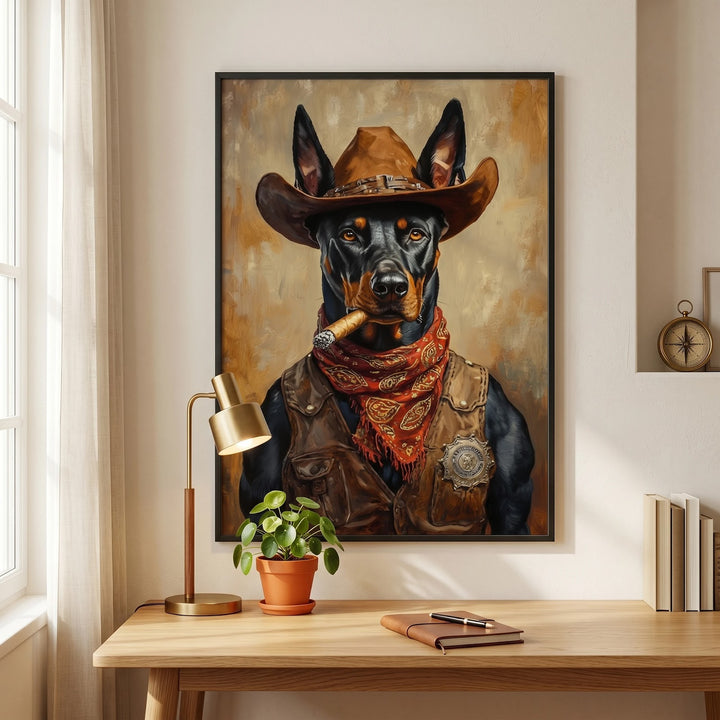 Cowboy Doberman Poster Print - Western Sheriff Dog Wall Art
