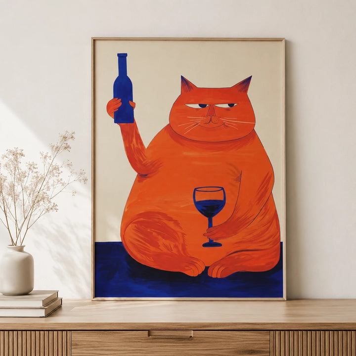 Cat with Wine Art Print: Retro Bar Cart Decor