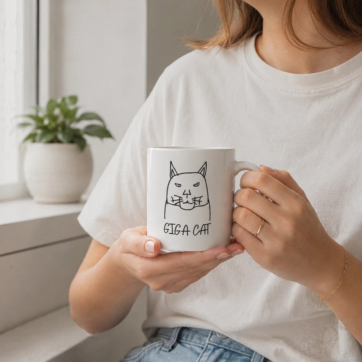 Giga Cat Meme Coffee Mug - Funny Cat Lover Gift, Cute Minimalist White Mug