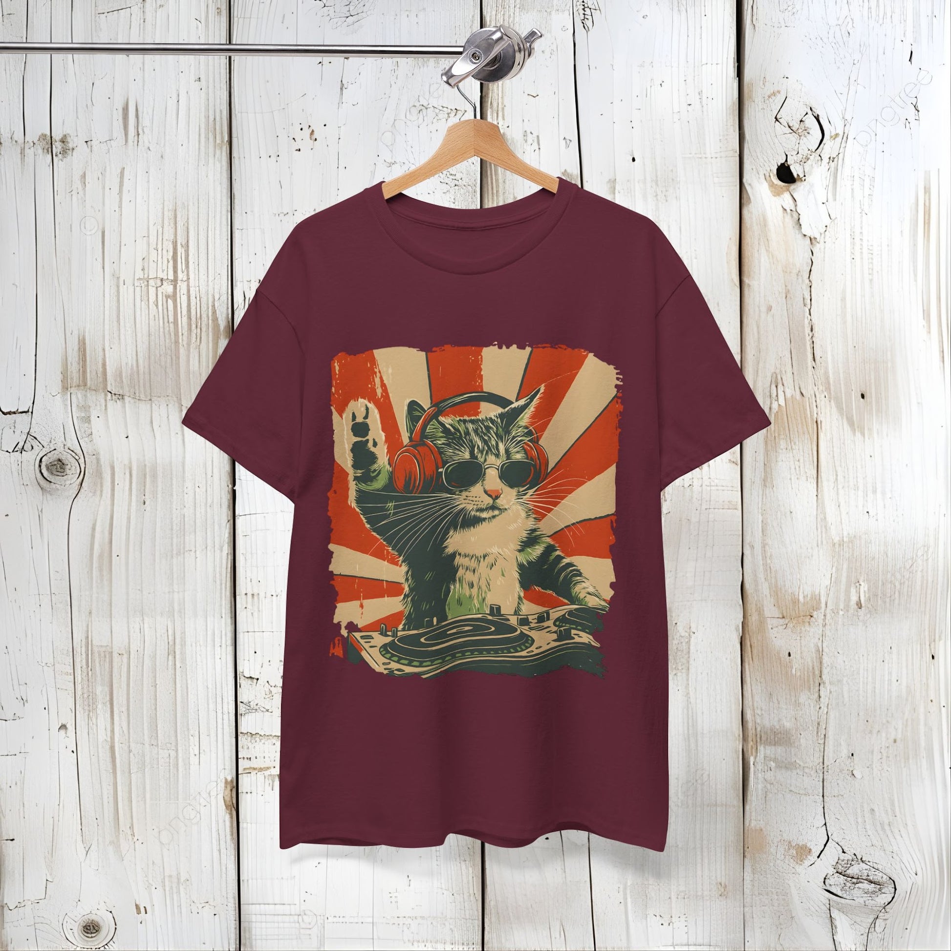 Vintage DJ Cat Tee, Unisex Heavy Cotton Tee, Cool Cat Shirt, Pet Lover Gift, Fun Music T-Shirt, Cat DJ Design, Retro Style Clothing Front view