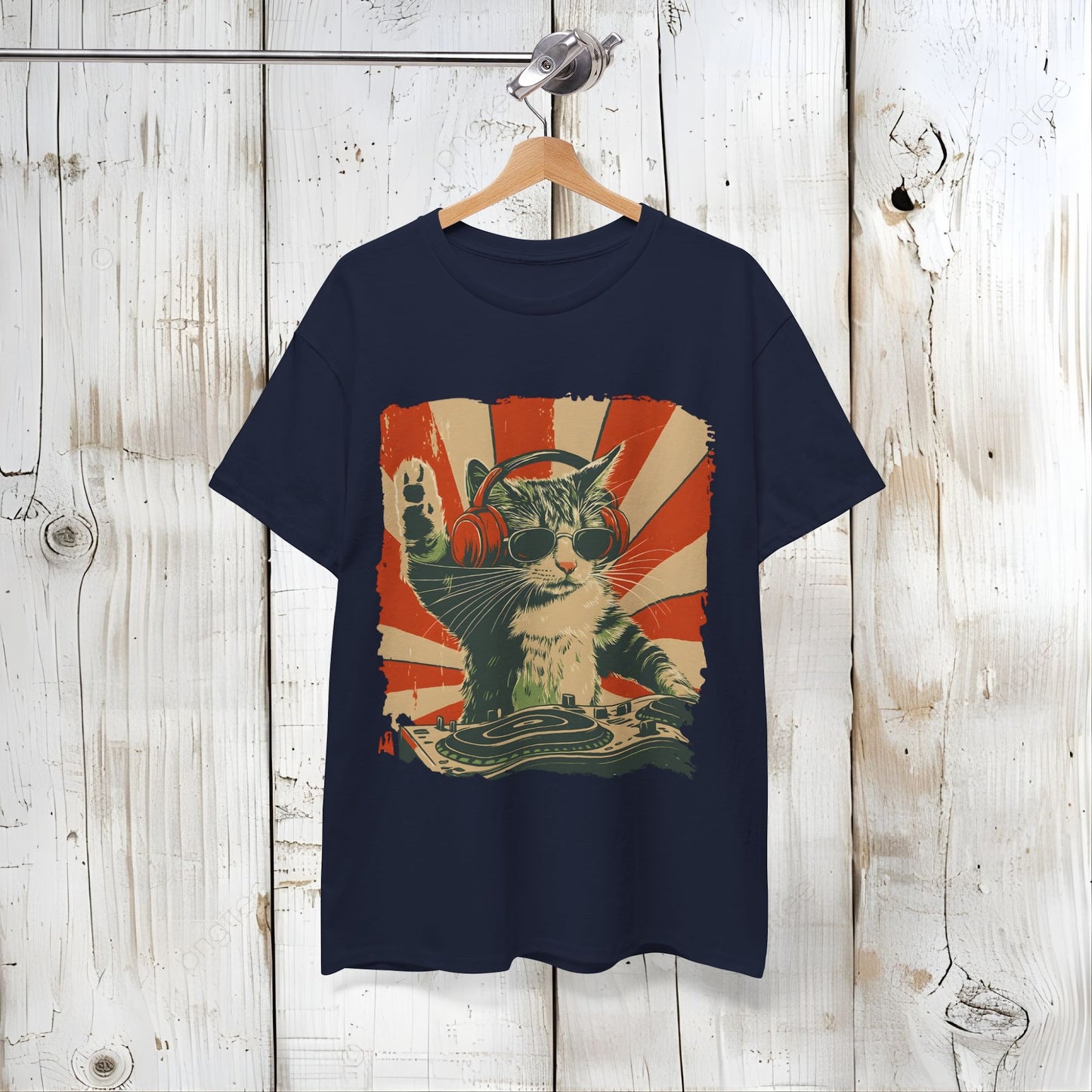 Vintage DJ Cat Tee, Unisex Heavy Cotton Tee, Cool Cat Shirt, Pet Lover Gift, Fun Music T-Shirt, Cat DJ Design, Retro Style Clothing Front view