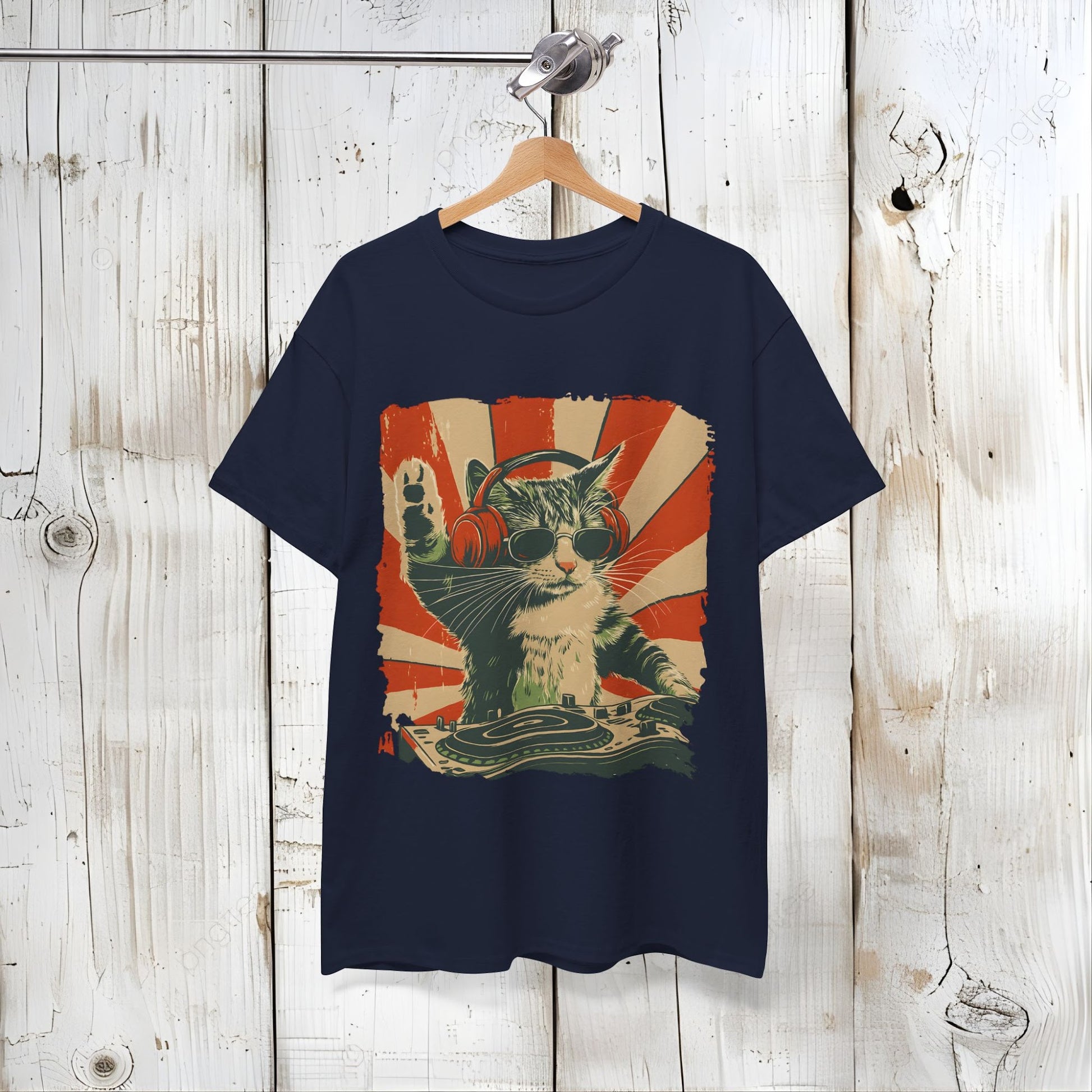 Vintage DJ Cat Tee, Unisex Heavy Cotton Tee, Cool Cat Shirt, Pet Lover Gift, Fun Music T-Shirt, Cat DJ Design, Retro Style Clothing Front view