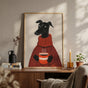 Dog Coffee Poster – Whippet Greyhound Wall Art in Cozy Turtleneck, Kitchen Coffee Bar Print