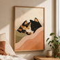 Cat Couple Hug Poster – Calico & Black Cat Romantic Bed Wall Art