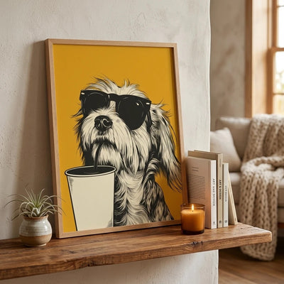 Funny Dog Wall Art Poster - Coffee Lover Kitchen Print with Sunglasses Dog