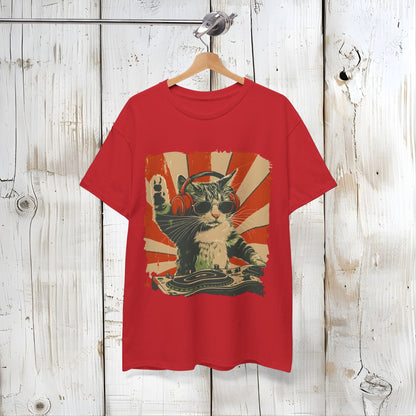 Vintage DJ Cat Tee, Unisex Heavy Cotton Tee, Cool Cat Shirt, Pet Lover Gift, Fun Music T-Shirt, Cat DJ Design, Retro Style Clothing Back view