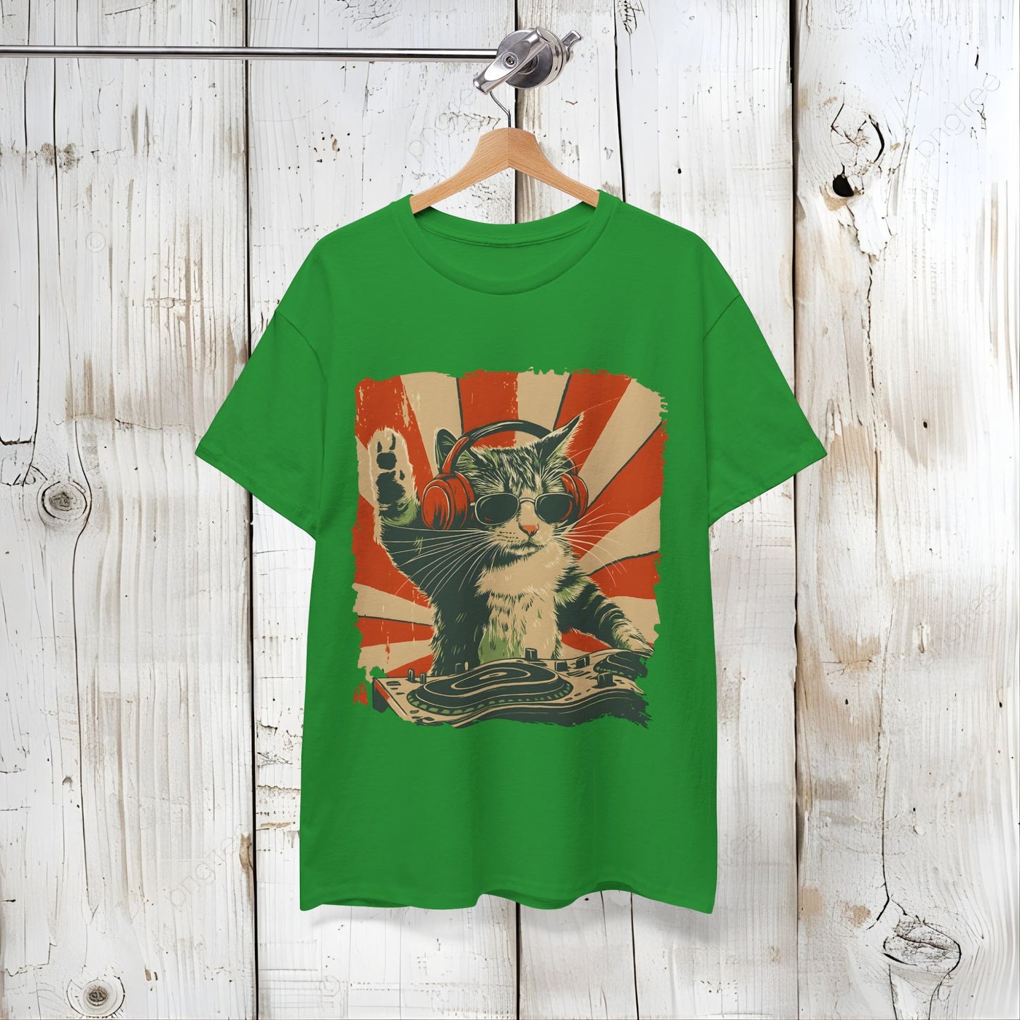 Vintage DJ Cat Tee, Unisex Heavy Cotton Tee, Cool Cat Shirt, Pet Lover Gift, Fun Music T-Shirt, Cat DJ Design, Retro Style Clothing Back view