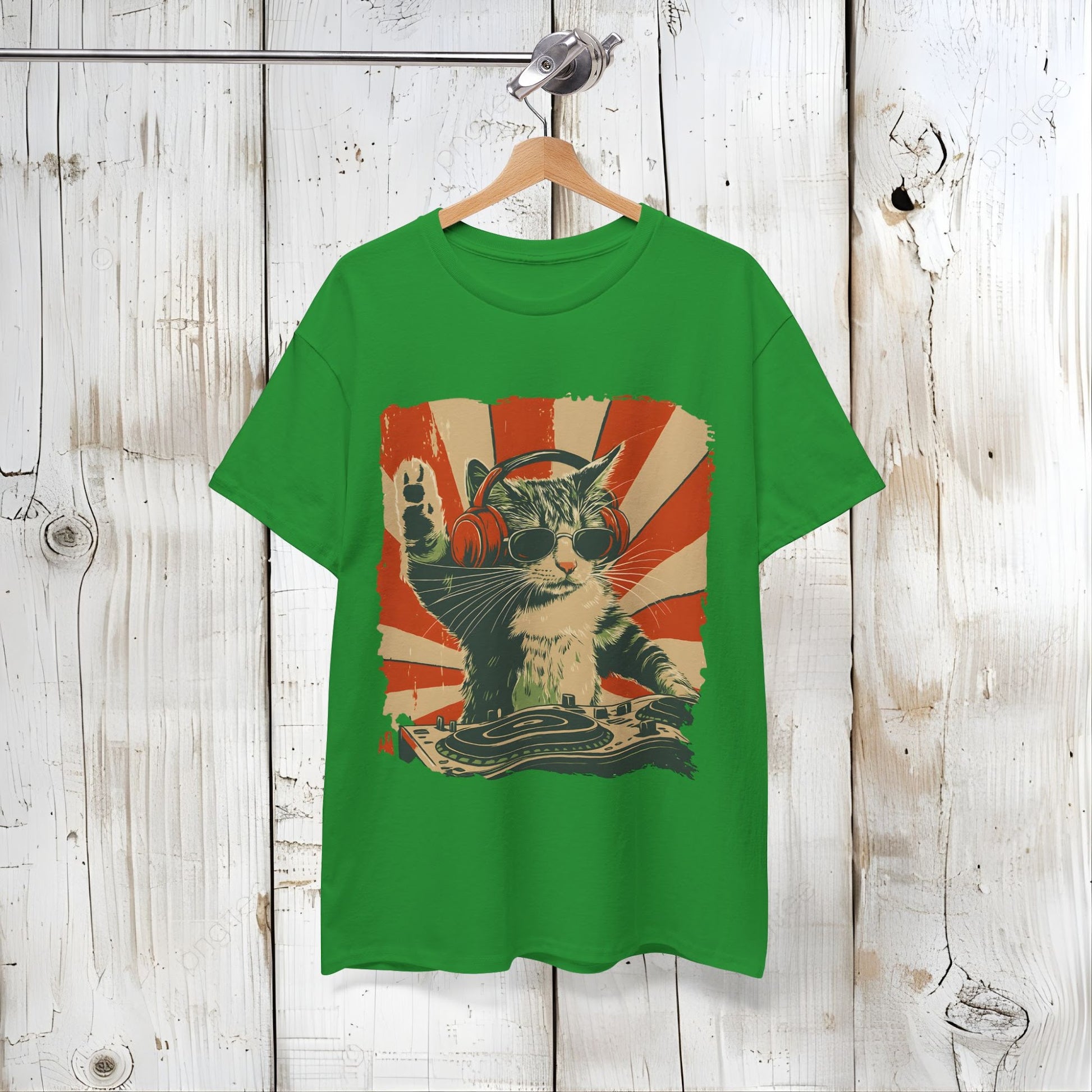 Vintage DJ Cat Tee, Unisex Heavy Cotton Tee, Cool Cat Shirt, Pet Lover Gift, Fun Music T-Shirt, Cat DJ Design, Retro Style Clothing Back view