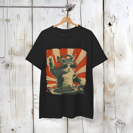 Vintage DJ Cat Tee, Unisex Heavy Cotton Tee, Cool Cat Shirt, Pet Lover Gift, Fun Music T-Shirt, Cat DJ Design, Retro Style Clothing Back view