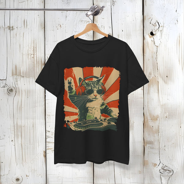 Vintage DJ Cat Tee, Unisex Heavy Cotton Tee, Cool Cat Shirt, Pet Lover Gift, Fun Music T-Shirt, Cat DJ Design, Retro Style Clothing Back view