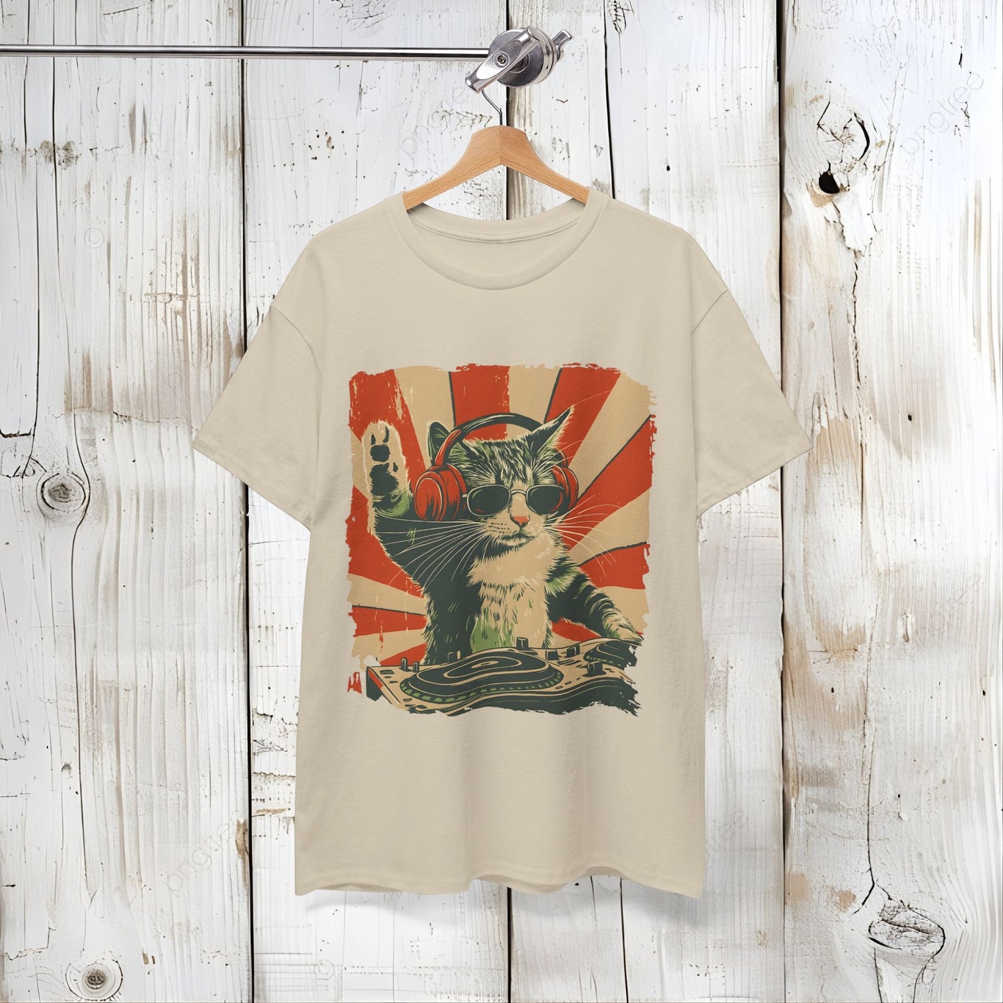 Vintage DJ Cat Tee, Unisex Heavy Cotton Tee, Cool Cat Shirt, Pet Lover Gift, Fun Music T-Shirt, Cat DJ Design, Retro Style Clothing Front view