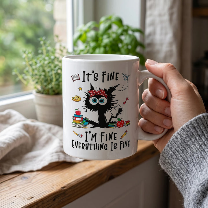 Funny Cat Teacher Mug, I'm Fine Everything Is Fine Black Cat Coffee Cup, Cat Lover Gift, 11oz 15oz