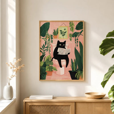 Funny Bathroom Poster - Vintage Cat Reading Newspaper Wall Art