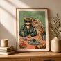 Whimsical Cat Couple Dinner Poster - Vintage Animal Portrait with Champagne & Oysters