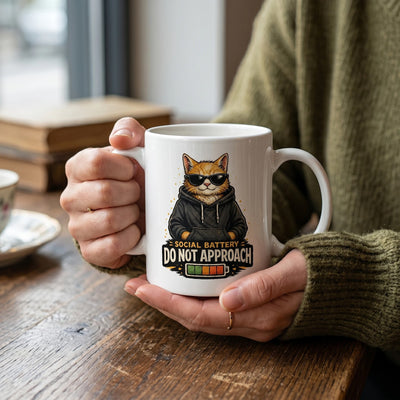 Social Battery Cat Mug - Funny Introvert Cat Lover Coffee Cup, 11oz Ceramic