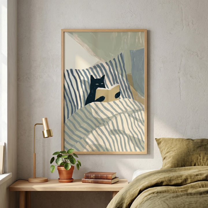 Cat Reading Print | Black Cat Wall Art Poster for Book Lovers