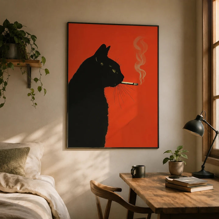 Black Cat Smoking Cigarette Poster | Vintage Whimsical Wall Art Print
