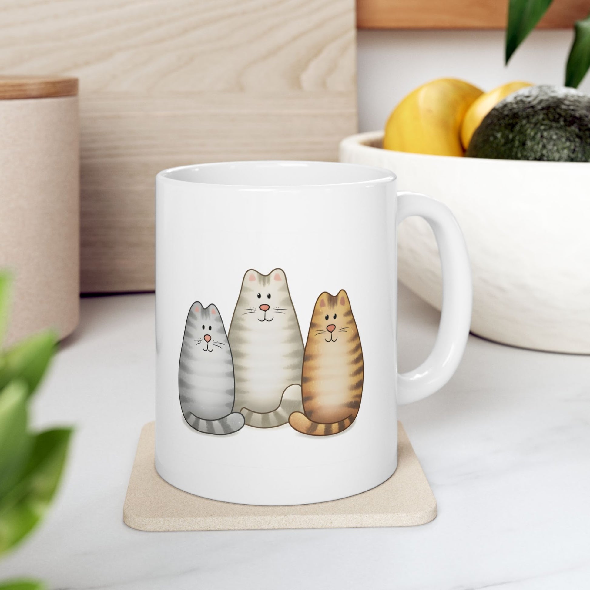 Whimsical Three Cats Ceramic Mug 11 Oz