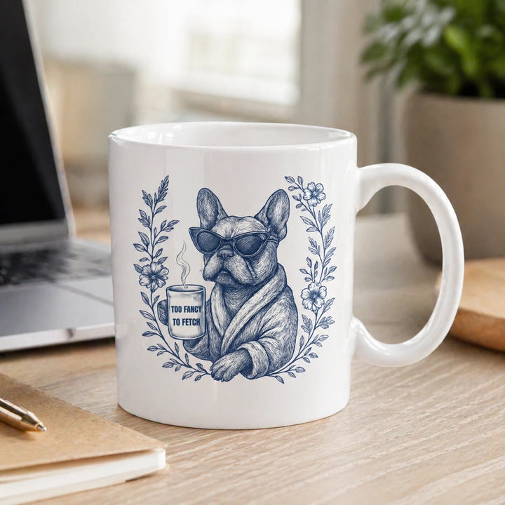 French Bulldog Toile Mug - Too Fancy to Fetch Dog Lover Coffee Cup