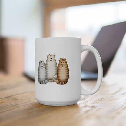 Whimsical Three Cats Ceramic Mug 15 Oz