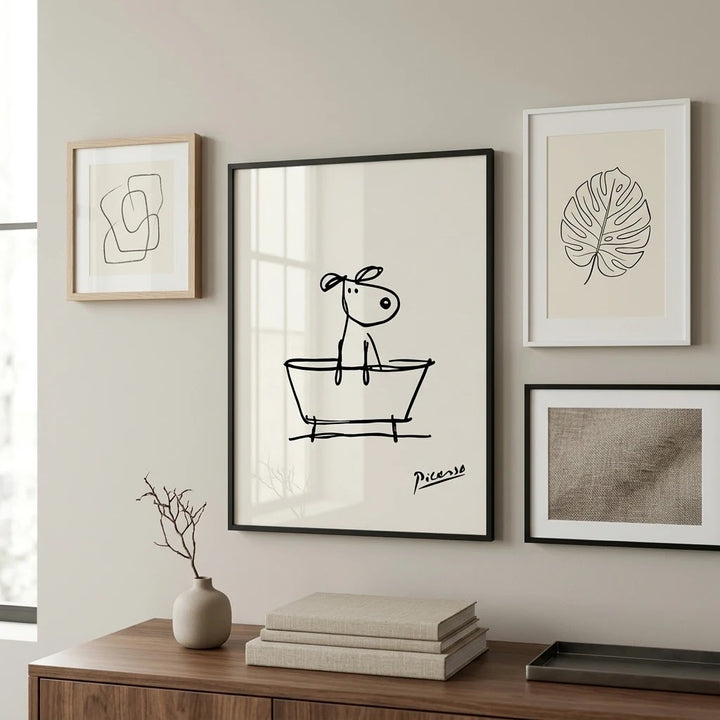 Dog in a Bathtub Wall Art Print - Line Art Bathroom Poster for Dog Lovers