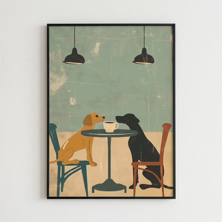Dogs Sharing Coffee Wall Art - Vintage Dog Cafe Print Poster
