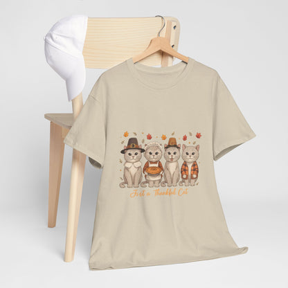 Thanksgiving Shirt, Just a Thankful Cat T-Shirt, Fall Animal Graphic Tee, Autumn Outfit Gift  Front view