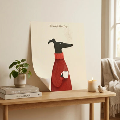 Dog Drinking Coffee Poster - Cozy Canine Art Print for Coffee Lovers