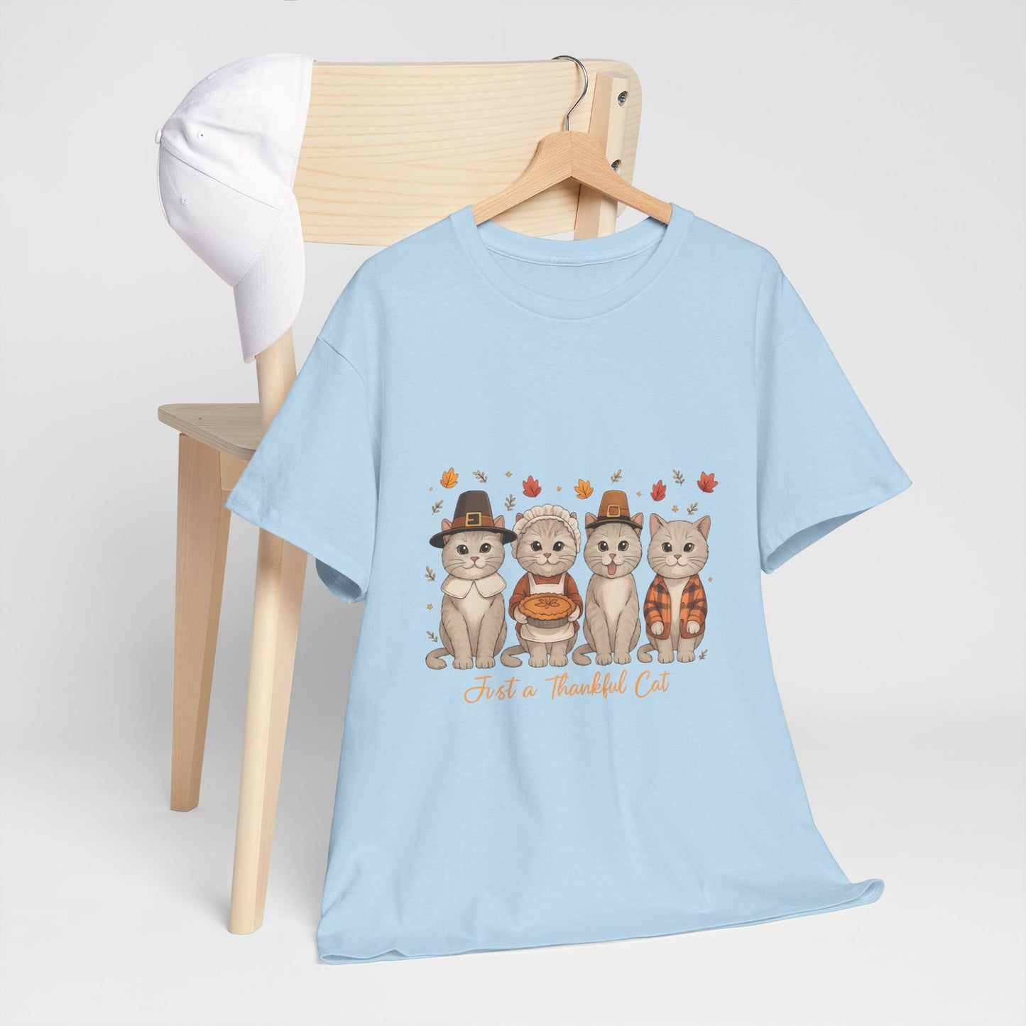 Thanksgiving Shirt, Just a Thankful Cat T-Shirt, Fall Animal Graphic Tee, Autumn Outfit Gift  Back view