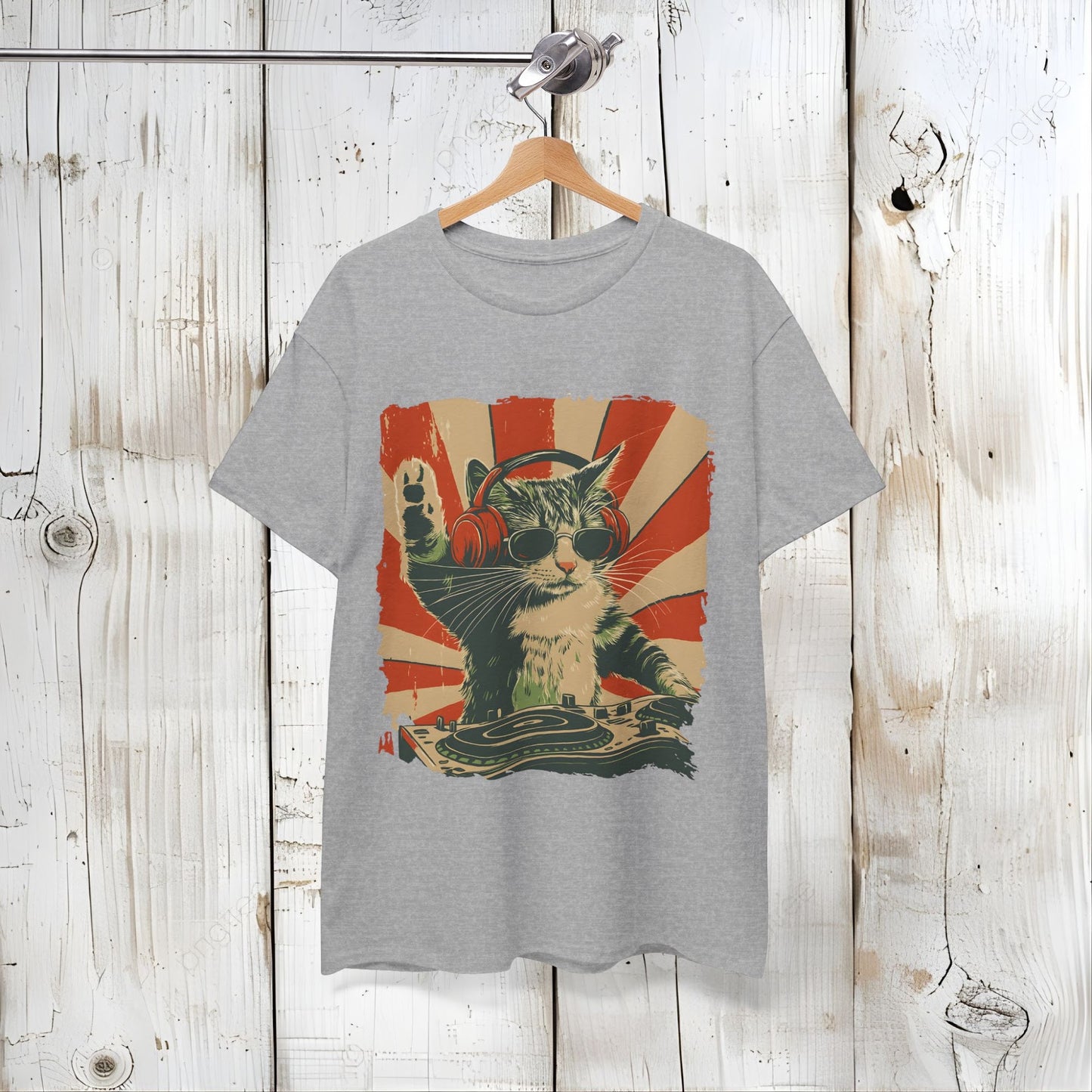 Vintage DJ Cat Tee, Unisex Heavy Cotton Tee, Cool Cat Shirt, Pet Lover Gift, Fun Music T-Shirt, Cat DJ Design, Retro Style Clothing Back view