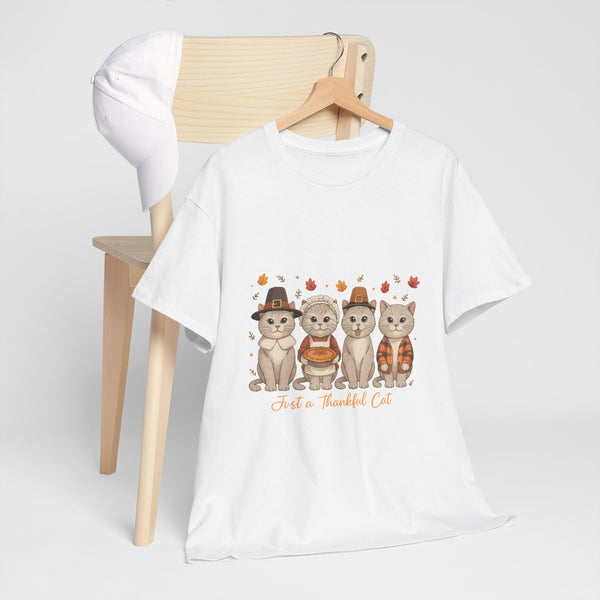 Thanksgiving Shirt, Just a Thankful Cat T-Shirt, Fall Animal Graphic Tee, Autumn Outfit Gift  Front view