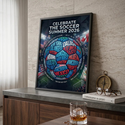 Modern soccer typography ball art featuring North American host cities in a luxury black frame for home decor.