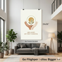 A prominent 24x36 inch premium satin wall art print featuring a stylized modern illustration and inspiring quote, framed and hung above a gray sofa in a contemporary American living room