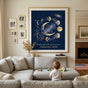 A large framed 24x36 Mama Est 2026 print hanging on the wall of a cozy living room