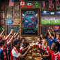 Vibrant soccer fan zone poster displayed in an authentic US sports pub with fans celebrating the game