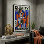 Sophisticated abstract geometric poster of a couple, "Duality Harmony" on textured concrete wall in a luxury US living room corner