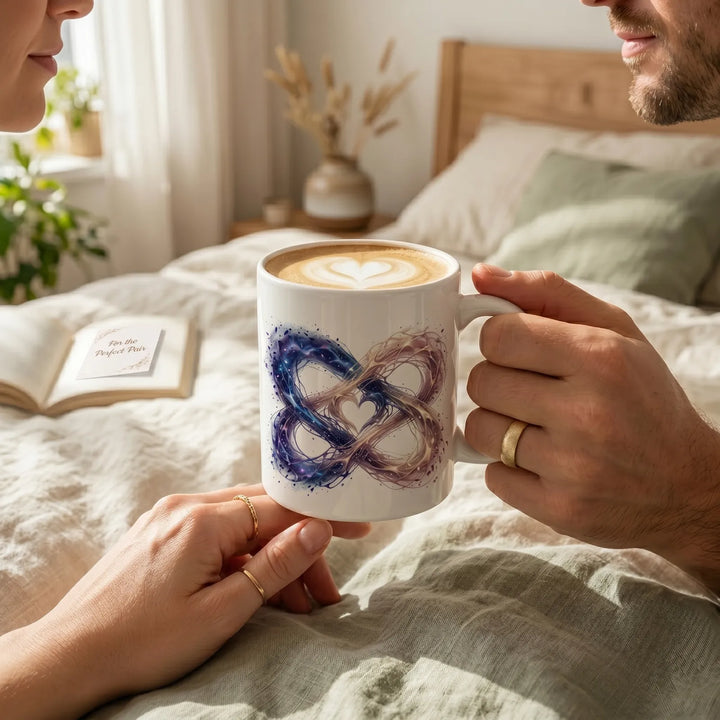Celestial Quantum Infinity 11oz white ceramic mug in a cozy lifestyle setting, perfect for romantic couples.