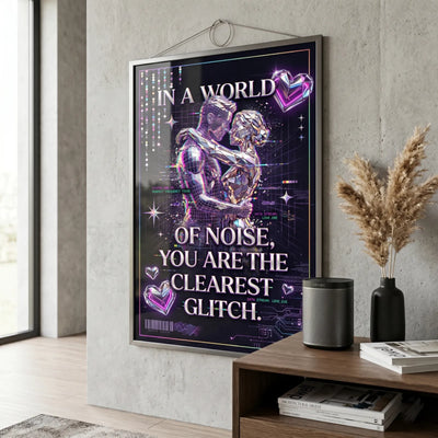 Front view of the Clearest Glitch cyberpunk art poster in a modern US home setting