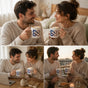 Happy couple enjoying coffee with matching 3D-effect artistic mugs, demonstrating a durable gift for lovers