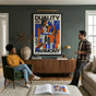 Large 24x36 inch framed Brutalist couple art print serving as a central statement piece on a charcoal green wall in a high-end architectural home interior