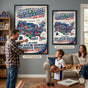 Family living room decorated with a large 24x36 soccer celebration map poster