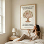 "A mother admiring a large 24x36 inch framed poster hanging above a bed in a neutral-toned master bedroom."