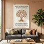 "24x36 inch Mother's Day statement poster on a terracotta living room wall above a mid-century modern sofa."