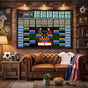 High-quality 2026 global soccer schedule poster hanging in a cozy man cave with soccer ball and sports mug accessories.