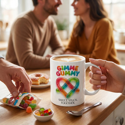 Two people holding matching matching ORCA couple mugs with a gummy worm heart design.