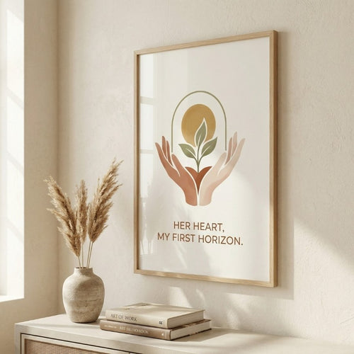 Elegant angled photo of a minimalist poster with a terracotta and gold design and a unique mother's quote, framed in natural wood on a cream wall next to pampas grass and a vase in a modern living room